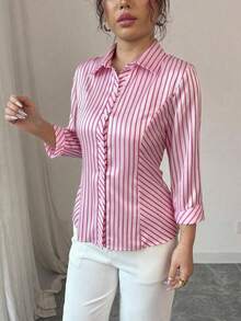 Elenzga قميص ساتان مخطط كاجوال، مناسب للتنقل في فصلي الربيع والصيف - الأحمر - مشاهدة 4