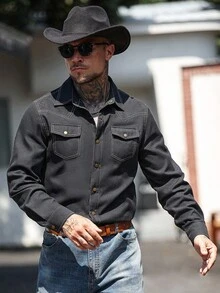 Manfinity Nomadique Men's Casual Commuter Contrast Stitching Shirt Mens Western Shirts Cowboy Shirt Jacket, Men S Black Western Shirt, Western Shirt For Men With Snaps, Mens Western Shirts, Rodeo Shirt Men, Black Western Shirt Men - Black - View 4
