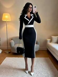 Elenzga Elegancka, kontrastowa sukienka damska z kołnierzykiem i dopasowanym do ciała długim rękawem, mała czarna, jesień/zima