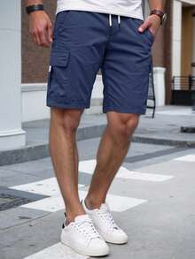 Manfinity Homme Quần short nam cạp chun co giãn màu trơn có túi - Màu xanh hải quân - Xem 5