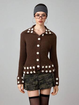 ROMWE Avant Damen Lässig Slim Fit Wendekragen Langarm Strickjacke