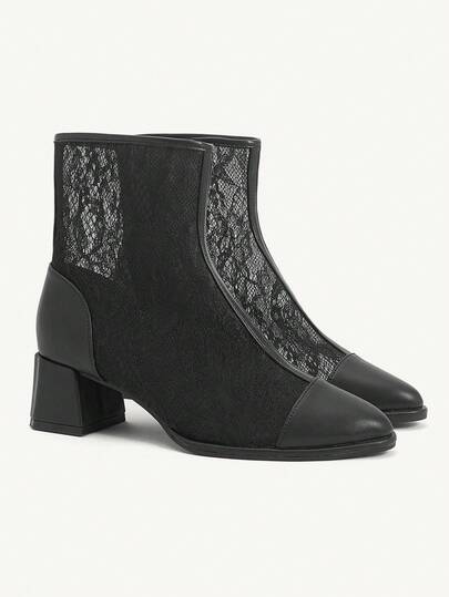 CUCCOO CHICEST Women's Autumn/Winter New Floral, Embroidered Lace Pointed Toe Square Chunky Heel Elegant, Romantic, Sweet, Fashion, Gothic, Retro Black Mesh, Lace, Faux Leather Fashion Mid-Calf Boots, Fashion Ankle Boots, Short Boots, Dress Shoes For Tea Party, Date, Fashion Party, Elegant Outfit, Ball, Halloween, Christmas, Thanksgiving Elegant Shoes Wedding Shoes Spring Shoes Bride Shoes