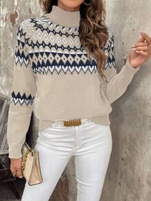 EMERY ROSE Women's Casual Loose Knit Sweater With Stand Collar And Raglan Sleeves (Random Argyle Pattern), Autumn/Winter - Apricot - View 3
