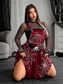 Whyspr 全新时尚暗黑亚文化哥特式交叉肩带华丽迷你裙，适合万圣节装扮 - 酒紅色 - 查看 4