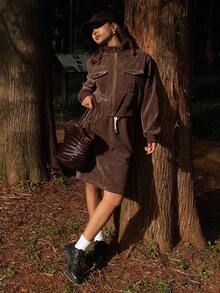 DAZY Women's Casual Corduroy Long Sleeve Jacket With Pockets And Straight Skirt Two Pieces Set, Autumn