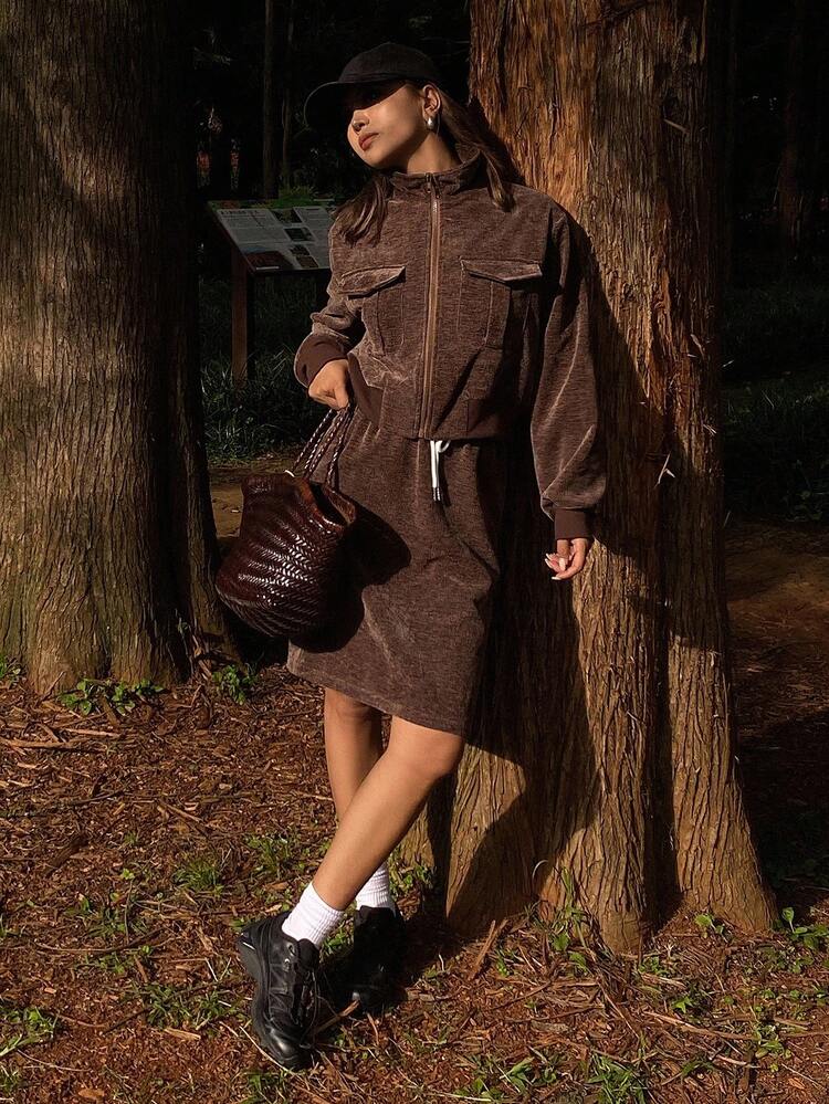 Women's Casual Corduroy Long Sleeve Jacket With Pockets And Straight Skirt Two Pieces Set, Autumn