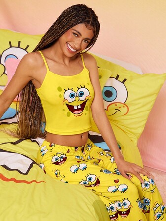 SpongeBob SquarePants | SHEIN Women Cartoon Pattern Camisole Top And Long Pants Pajama Set