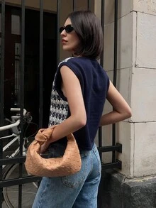 DAZY 花卉拼色格子V领无袖修身休闲街头风格针织背心，女款，秋冬 - 藏蓝色 - 查看 4