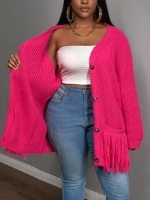 Slaydiva Cerise Pink Autumn Curve Smart Casual Loungewear,Plus Size Women Elegant Vintage Bohemian Knitted Pocket Tassel Cardigan,Office Streetwear - Pink - View 7