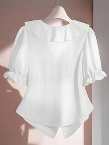 Franclia 夏季荷叶边泡泡袖V领纯色休闲衬衫 - 白色 - 查看 2