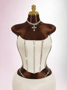 Amplova Conjunto de 2 piezas de top bandeau y minifalda decorados con rhinestones para tallas grandes