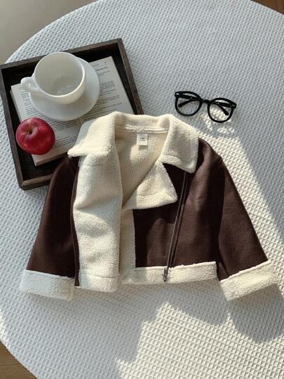 SHEIN Babyflicka Höst/Vinter Söt Mångsidig Färgblockerande Termofodrad Fuskpälsjacka