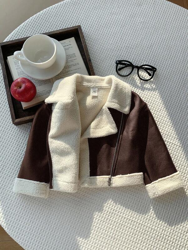 SHEIN Baby Mädchen Herbst/Winter Süße vielseitige Farbblock Thermofutter Kunstpelz Jacke