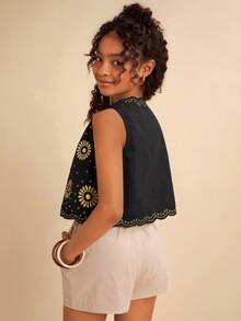 Travachic KIDS Tween Girl Floral Print Casual Vest, Black Autumn Winter Clothes ForGirln - Black - View 3