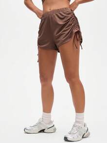SHEIN Sports Women's High-Waisted Cocoa Brown Drawstring Ruched Sport Shorts, Brown Athletic Skirt - Brown - View 5