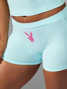 Missguided x Playboy Set de pijamale de Crăciun cu top și pantaloni scurți de ciclism și logo-ul mărcii