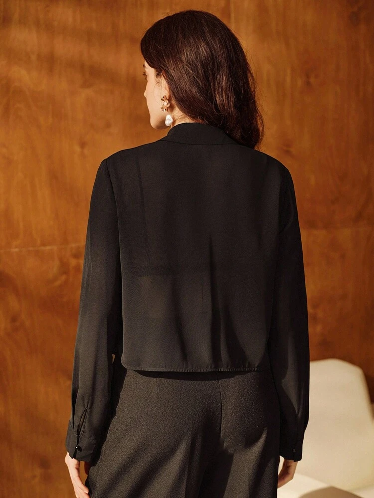 Women's Elegant Collared Long Sleeve Black Blouse, Embroidered Detailing Women's Long Sleeve Embroidered Blouse