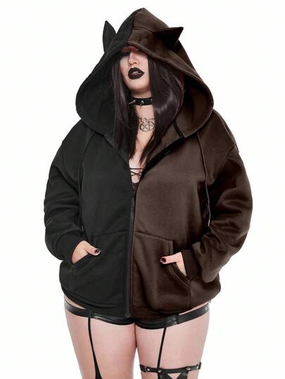 SHEIN Whyspr 秋季大码休闲拼色拉链抽绳连帽运动衫