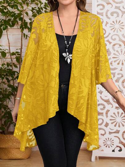 EMERY ROSE معطف كاجوال بأكمام ثلاثة أرباع وأمام مفتوح من نسيج جاكارد للنساء ذوات الحجم الكبير في فصل الخريف/الشتاء