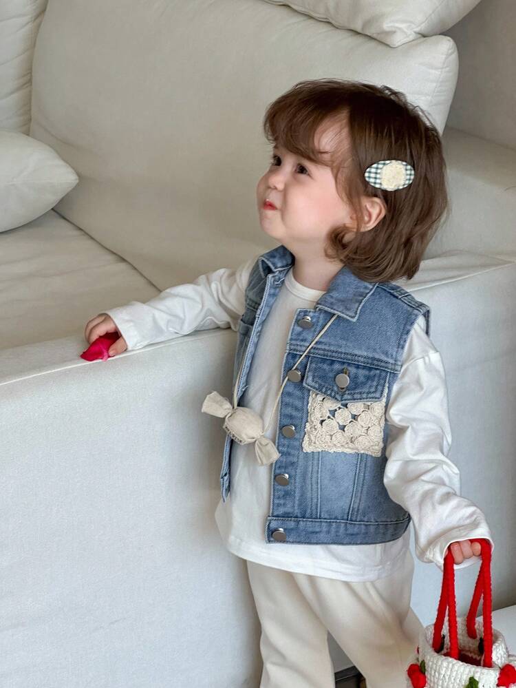 Baby Girl Lace Patchwork Casual Denim Vest With Lapel Toddler Girls Clothes