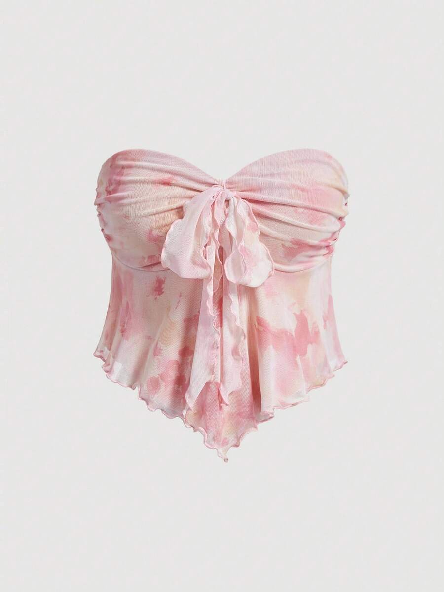 SHEIN MOD 粉色渐变印花前结弹性网眼女式抹胸上衣