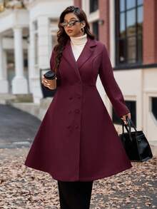 Vionelle Christmas Plus Size 1 Piece Woven Lapel Collar Solid Color Slimming Retro Elegant Long Flared Sleeve Women Overcoat Jacket Winter Autumn Fall - Burgundy - View 8