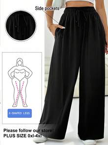 Solflare Pantaloni larghi casual in nero, con tasche e vita con cordino, in taglia comoda