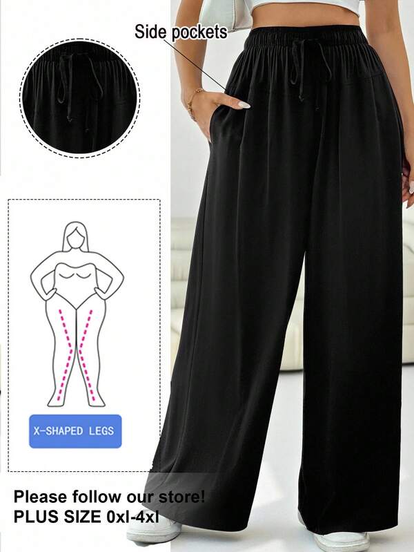 Solflare Plus Size Black Pockets Drawstring Waist Casual Loose Wide Leg Pants Flowy Pants,Fall Clothes For Women