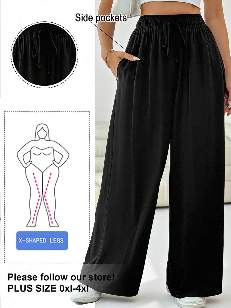 Solflare Pantaloni larghi casual in nero, con tasche e vita con cordino, in taglia comoda