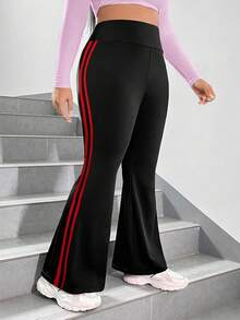 SHEIN EZwear Pantalon évasé en tricot noir avec patchwork et ruban rouge pour femmes grandes tailles - Multicolore - Voir 4