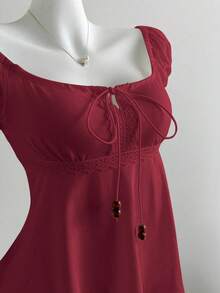 Camiseta de manga corta holgada con lazo y decoración de perlas para mujer en verano - Burdeos - Ver 4