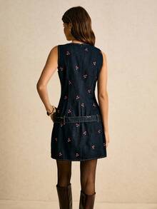 Poéselle Women's Denim Dress, Sleeveless Fitted Short Dress, Mini Dress, Yintao Embroidered Pattern Dress, Autumn Dress, Winter Dress, Fashionable Street Wear, Date Wear, Party, Music Festival, Y2K, Elegant Party, Christmas Party Denim Dresses Cherry Dresses Cherry Dress Women Women S Denim Dresses Embroidered Denim Dress Denim Dress With Belt Sleeveless Denim Dress