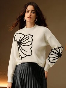 Anewsta Women's Solid Color Casual Handmade 3D Floral Embroidered Knit Pullover Sweater, Suitable For Autumn, Winter, Elegant, Leisure, Formal, Party, Fashionable, New Year, Christmas, Work, Graduation, Wedding - Apricot - View 5