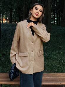 DAZY Women's Loose Fit V-Neck Long Sleeve Casual Street Style Jacket, Autumn/Winter Business Attire - Khaki - View 5