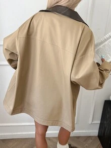 秋冬新款宽松休闲短款加厚实用风防风夹克女式外套 - 卡其色 - 查看 2
