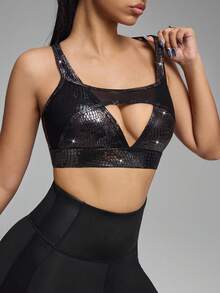 Innovista Stilvoller, sexy und hochdehnbarer, glitzernder, glänzender Sport-BH für Fitnessstudio, Lounge und Abend, hochwertiges weiches Material mit abnehmbaren Pads und verstellbaren Trägern. Bequeme mittlere Stützpassform, vielseitige Trainingskleidung - einsatzbereite Sportbekleidung mit fester, atmungsaktiver Unterstützung, metallisches Tiermuster Schimmer Trainings-Tops für täglichen Freizeitsport, Pilates, Training, Herbst, funktionales Kreuz-Rücken-Design für Gala-Nacht. - Schwarz - Übersicht 9