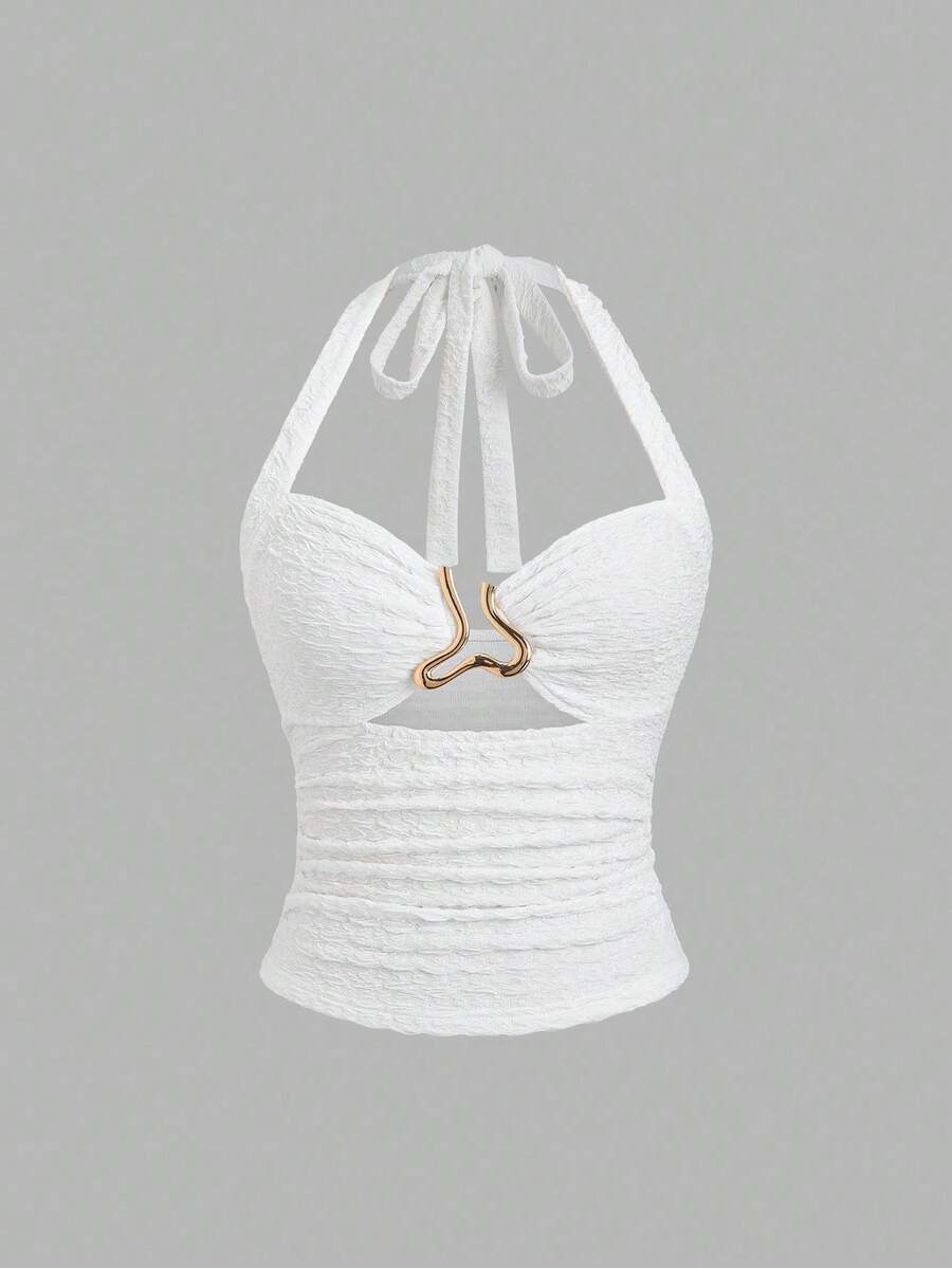 Sweetra 法国甜心女孩吊带系带提花纹理镂空金属装饰褶饰修身女式背心 - 白色 - 查看 1