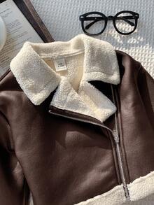 SHEIN Baby Girl Autumn/Winter Cute Versatile Color-Blocking Thermal-Lined Faux Fur Jacket Fall