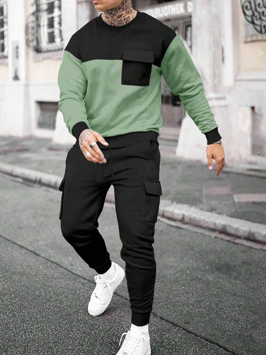 Manfinity Homme Conjunto de sudadera y pantalón de chándal con parches de color contrastante para hombre, ropa de otoño - Multicolor - Ver 1