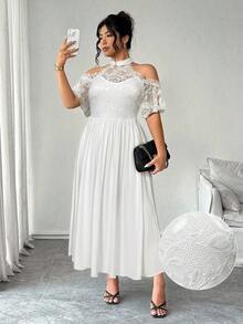Elenzga 加大码蕾丝拼布弹力针织面料露肩短袖荷叶边饰腰部喇叭下摆休闲度假派对中长连衣裙 - 白色 - 查看 3