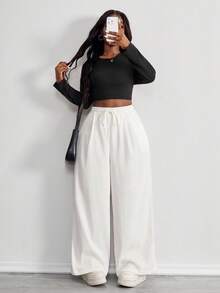 SHEIN PETITE CURVE 女士简约波西米亚风度假装休闲基本款日常穿着亚麻舒适低腰宽松裤，亚麻裤 - 白色 - 查看 3