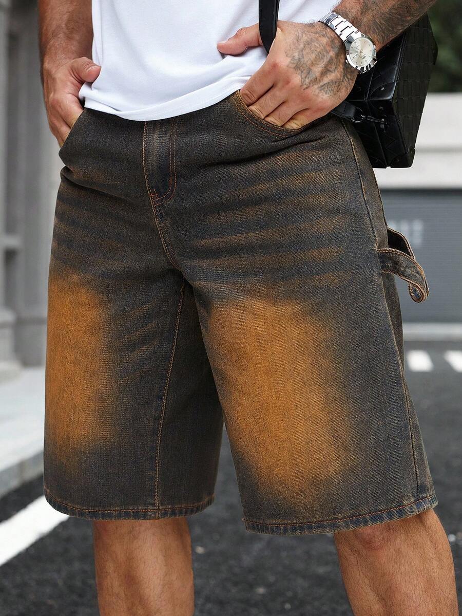 Manfinity EMRG Men's Loose Casual Bermuda Denim Shorts With Pockets Boyfriend & Husband Vintage Washed Loose Wide Leg For Vacation Denim Shorts