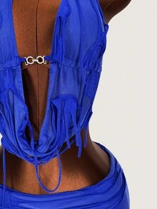 Amplova 2 Pieces Set Deep Draped Neck Sleeveless Top And Distressed Low Waist Mini Shorts, Special Fabric Blue - Blue - View 5