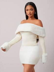 Radiana Women's Regular Faux Fur Patchwork Off Shoulder Long Sleeve Fitted Sweater In Fall/Winter - Apricot - View 4