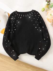 Tween Girl Casual Round Neck Long Sleeve Hollow Bow Knit Sweater, Autumn/Winter Fall - Black - View 6