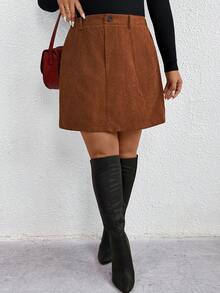 SHEIN Tall CURVE Váy chữ A nhung kẻ thanh lịch, giản dị, có túi, dành cho nữ cỡ lớn - Cà phê nâu - Xem 7