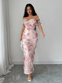 Elenzga Elegant Romantic Ruffle Off Shoulder Fitted Bodycon Dress With 3D Floral Mesh Fabric - Multicolor - View 6