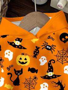 SHEIN Sweat-shirt à capuche à manches longues pour jeunes filles, style décontracté et minimaliste, élégant, chapeau de sorcière étoilé, joli chat noir, araignée, elfe, tête de citrouille, imprimé graphique, coupe ample, confortable, à porter au quotidien, idéal pour l'automne et l'hiver, déguisement d'Halloween, déguisement de diable, vêtements d'Halloween pour tout-petits, t-shirt d'Halloween pour garçons, nuits d'horreur d'Halloween, vêtements d'Halloween, pyjama d'Halloween