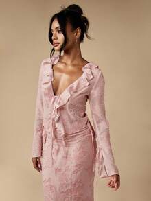 MISSGUIDED Elegant Textured Ruffle Trim V Neck Tie Front Long Sleeve Maxi Co Ord With Bell Cuffs Evening Wedding Guest Occasion Wear Spring Summer Attire - Pink - View 3