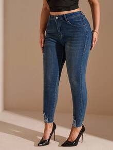 SHEIN BAE Plus Ripped Raw Edge Skinny Jeans, Fall Women Clothes
